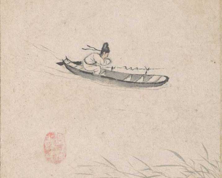Classical painting of a man rowing a boat across open water